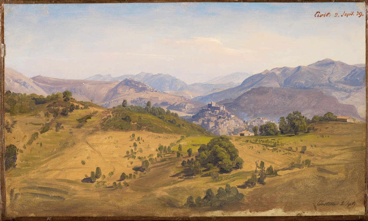 Landskap ved Civitella med utsikt nordover mot Rocca Canterano av Johann Wilhelm Schirmer