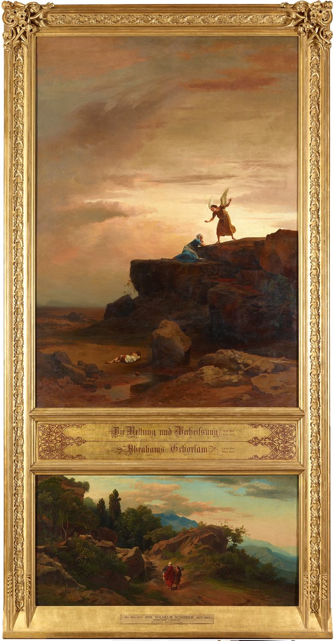 Frelse og løfte (øverst). Abraham og Isak på vei til offeret (nederst). Fra syklusen «Tolv bibelske landskaper med historien om Abraham» av Johann Wilhelm Schirmer