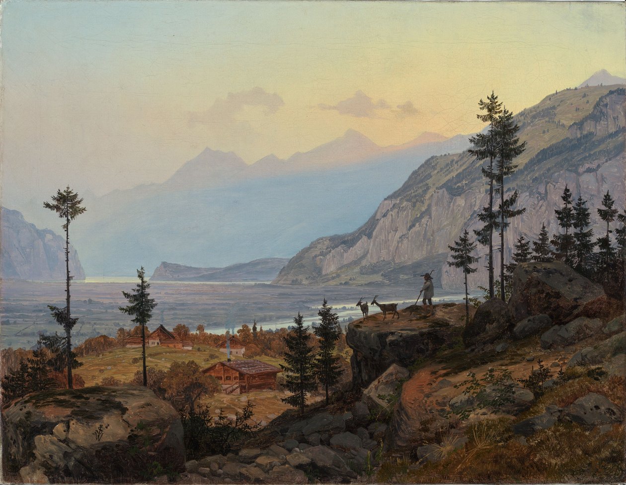 Sveitsisk alpelandskap med elv og innsjø av Johann Wilhelm Schirmer
