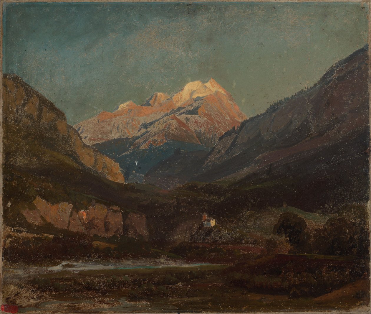 Sveitsisk fjellandskap med kapell og fjern snødekt fjelltopp av Johann Wilhelm Schirmer
