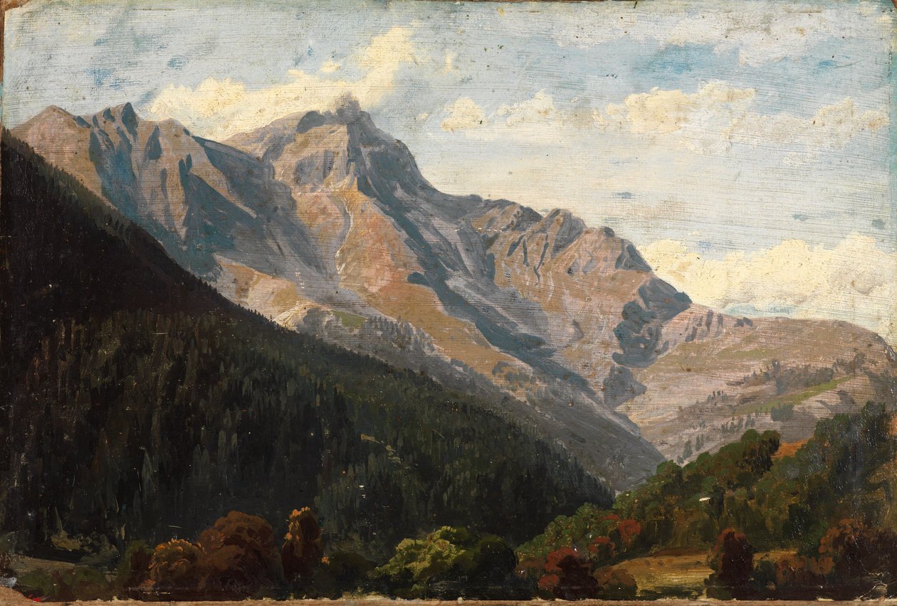 Sveitsisk fjellandskap med Piz Beverin i bakgrunnen av Johann Wilhelm Schirmer