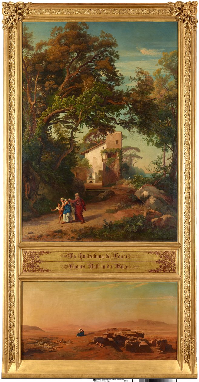 Hagars fordrivelse (øverst). Hagar i ørkenen (nederst). Fra syklusen «Tolv bibelske landskaper med Abrahams historie» av Johann Wilhelm Schirmer