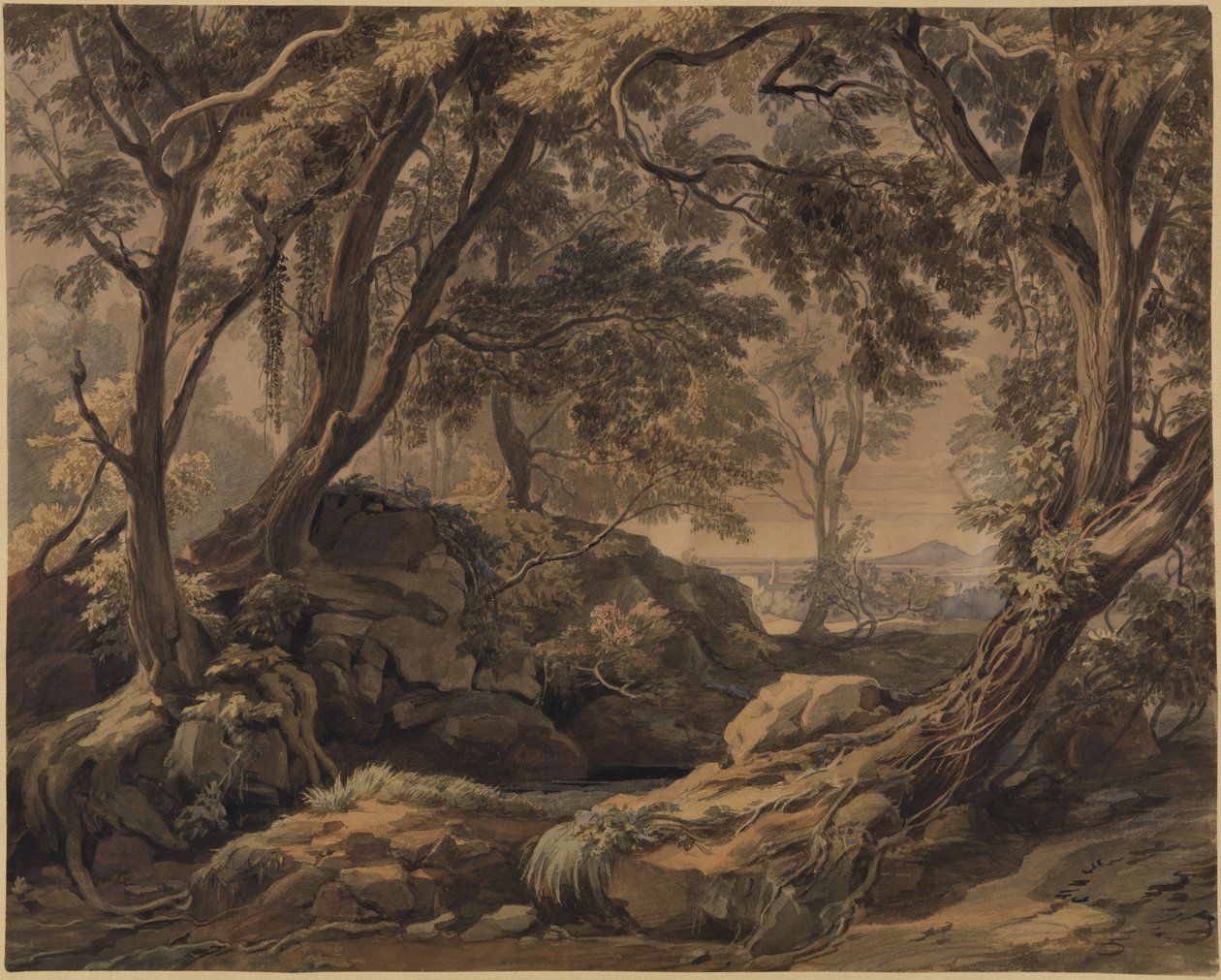 Skoglandskap med utsikt over Olevano og Monte Cavo av Johann Wilhelm Schirmer