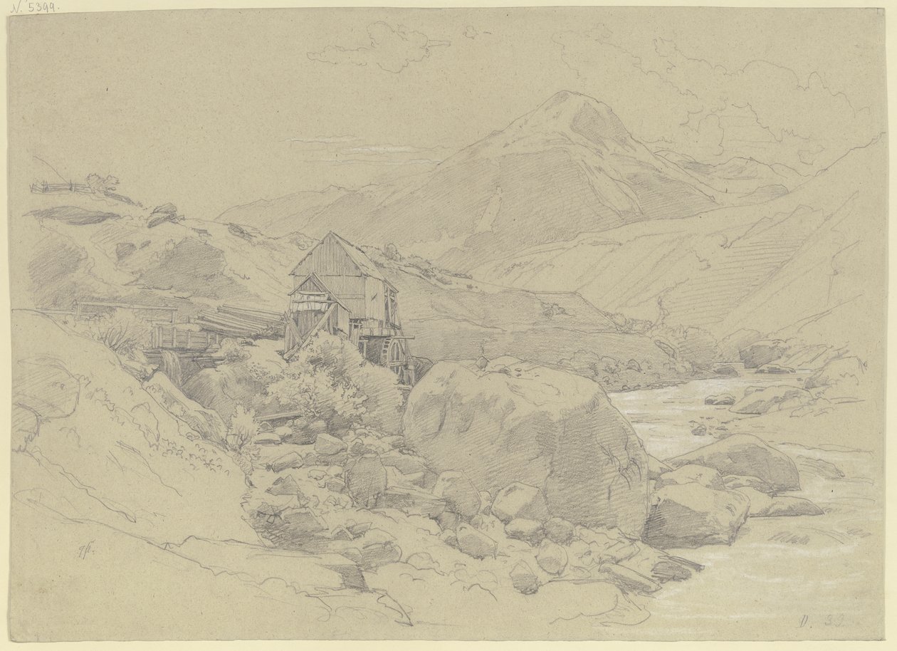 Vannmølle i et fjellandskap av Johann Wilhelm Schirmer