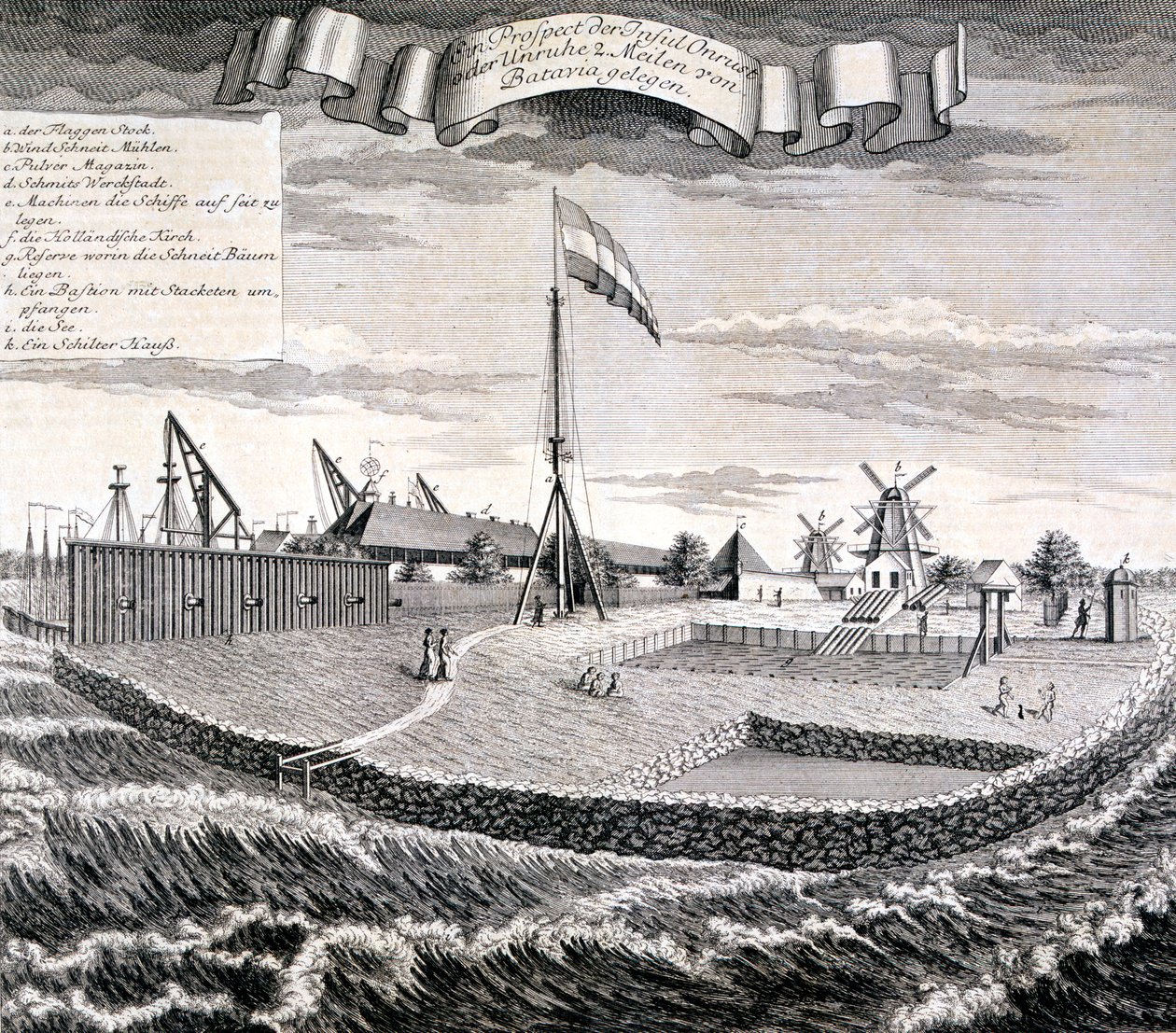 Dutch East India Company tre- eller sagbruk på øya to mil fra Batavia, pub. 1744. av Johann Wolfgang Heydt