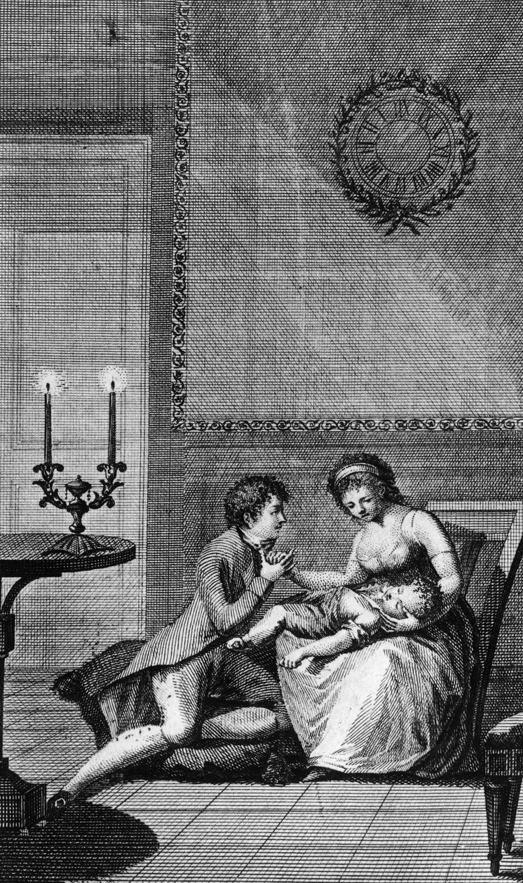 Aurelie trøstet av Wilhelm Meister, illustrasjon for Wilhelm Meisters læretid, roman av Johann Wolfgang von Goethe (1749-1832), gravering fra parisisk utgave utgitt i 1802 av Johann Wolfgang von Goethe