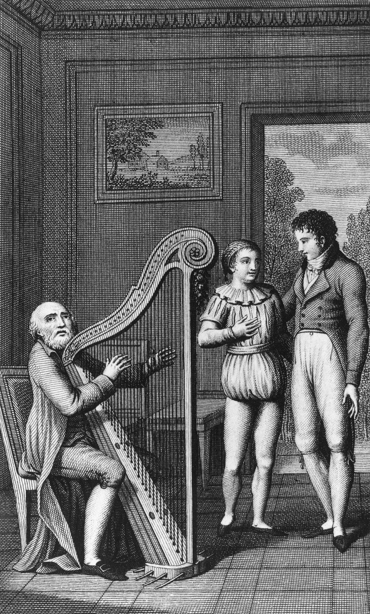 Harpist, Mignon og Wilhelm, illustrert frontispice for Wilhelm Meister