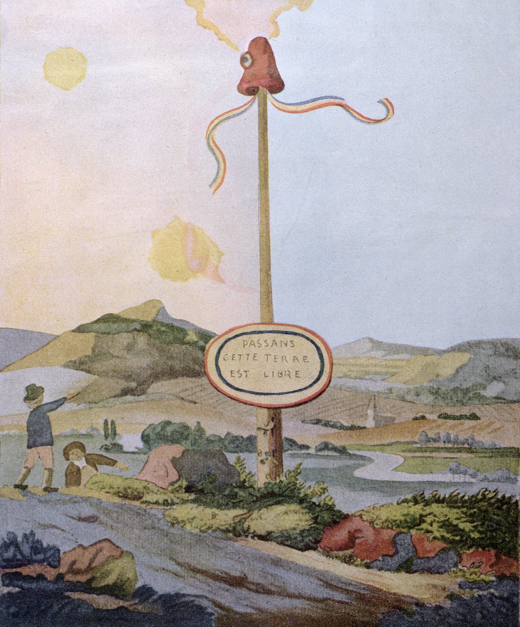 'Wanderers, This Land is Free', frihetspol ved den fransk-luxembourgske grensen ved Mosel, gjengivelse av en original akvarell utført i 1792, ca. 1847 av Johann Wolfgang von Goethe