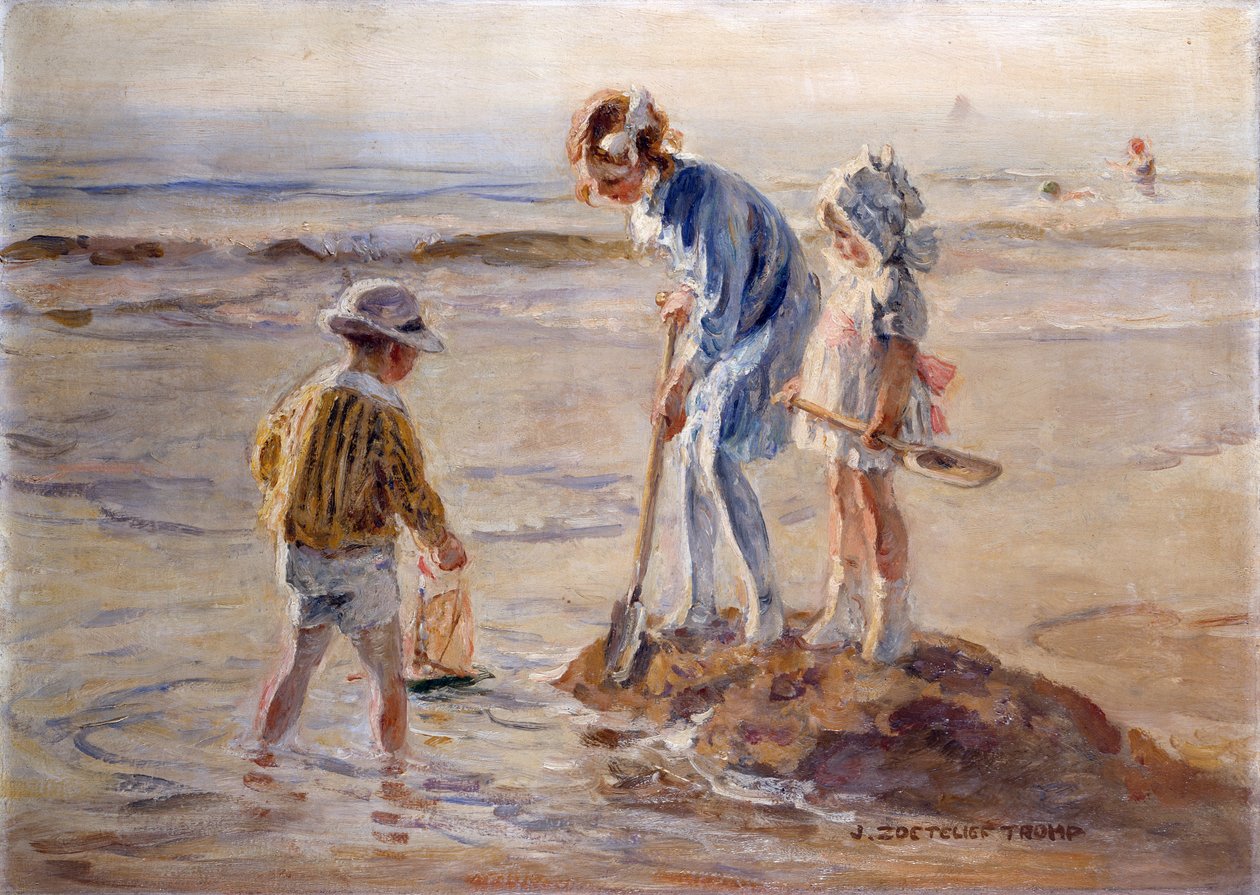 Leker på Katwijk-stranden (olje på lerret) av Johann Zoetelief Tromp