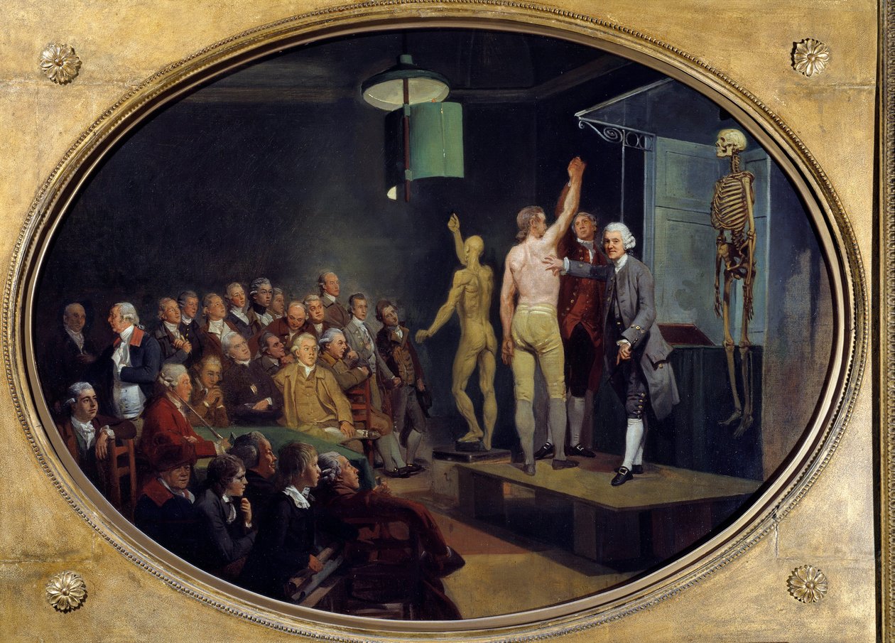 Foredrag av William Hunter (1718-1783), skotsk anatom ved Royal Academy. Maleri av Johann Zoffany (1733-1810) Ec. Ang. av Johann Zoffany