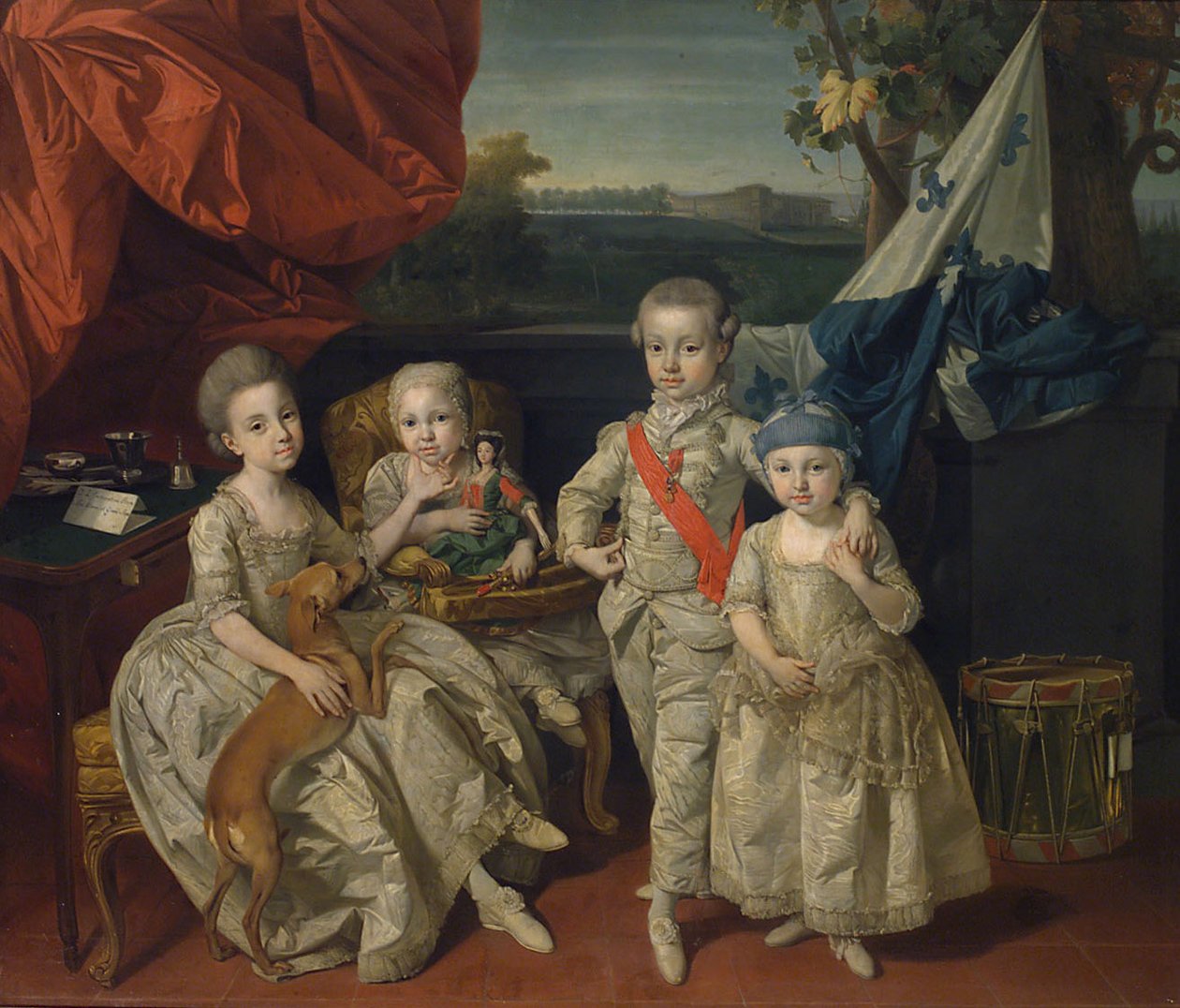 Prins Ludwig av Parma (1773-1803) med sine tre eldste søsken Karoline (1770-1804), Marie Antonie (1774-1841) og Charlotte (1777-1813) av Johann Zoffany
