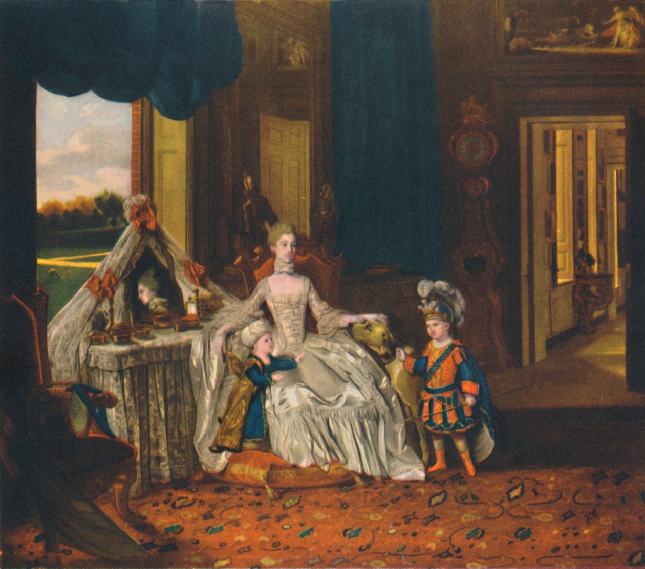 Dronning Charlotte i garderoben med prinsen og hertugen i fancy kjole, c1766, 1948 av Johan Joseph Zoffany