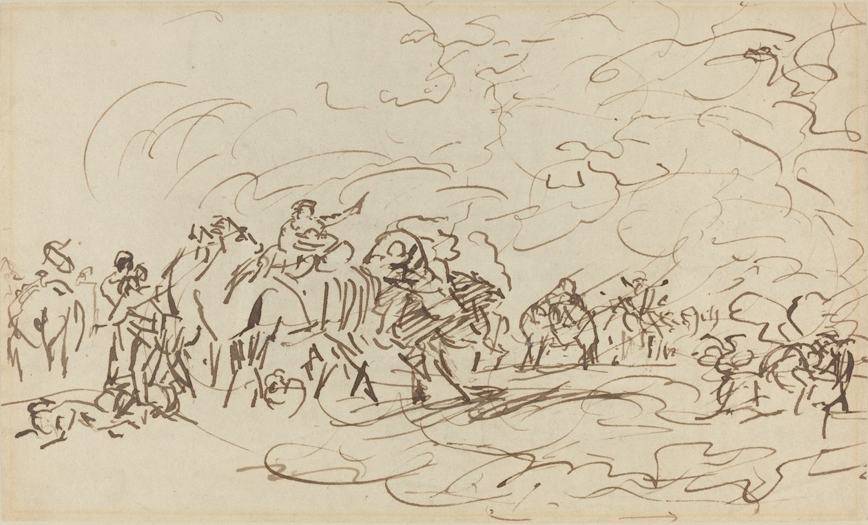 Sandstorm i ørkenen overtaker en campingvogn av Johann Zoffany
