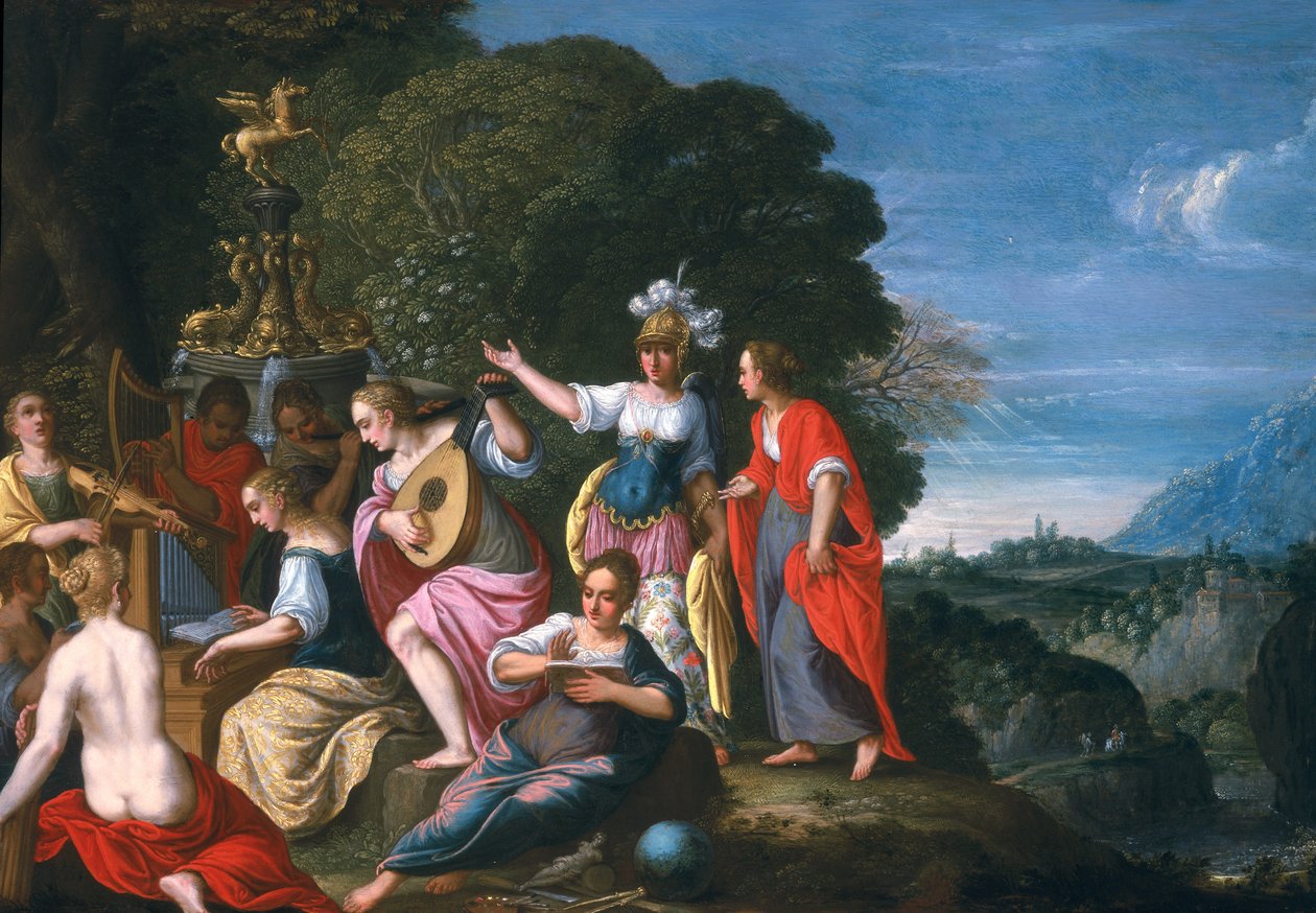 Athene og de ni musene ved brønnene i Hipokrene, 1624 (olje på kobber) av Johann or Hans Konig