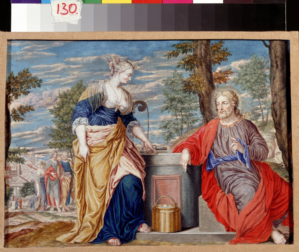 Kristus og den samaritanske kvinnen ved Jakobs brønn. Kristus og samaritansk kvinne ved Jakobs brønn. Maleri av Johannes Koenig (1586-1632/1635). Tysk kunst, barokkstil. Gouache på pergament. Pushkin Museum of Fine Arts, Moskva. av Johann or Hans Konig