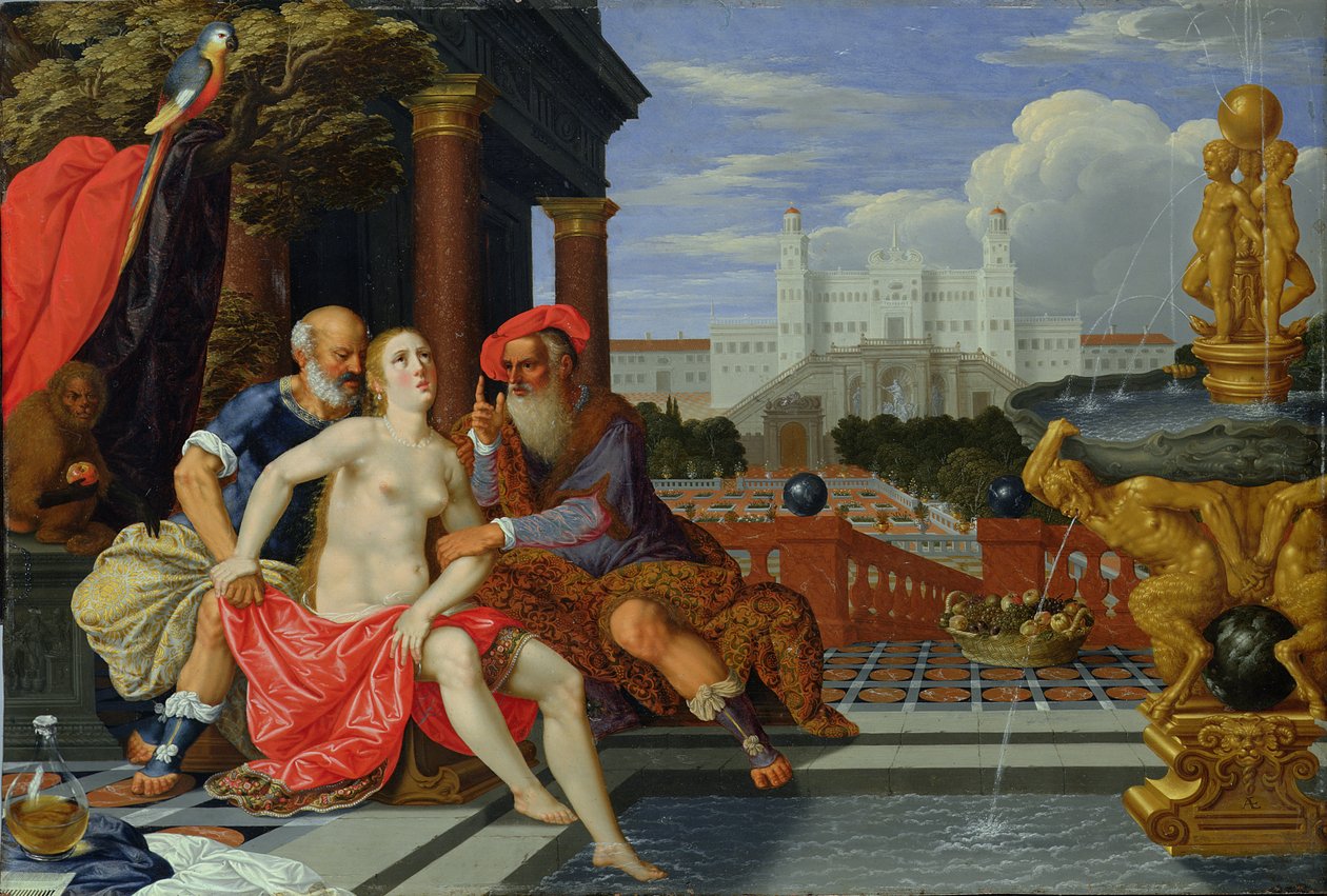 Susanna Bathing (olje på kobber) av Johann or Hans Konig