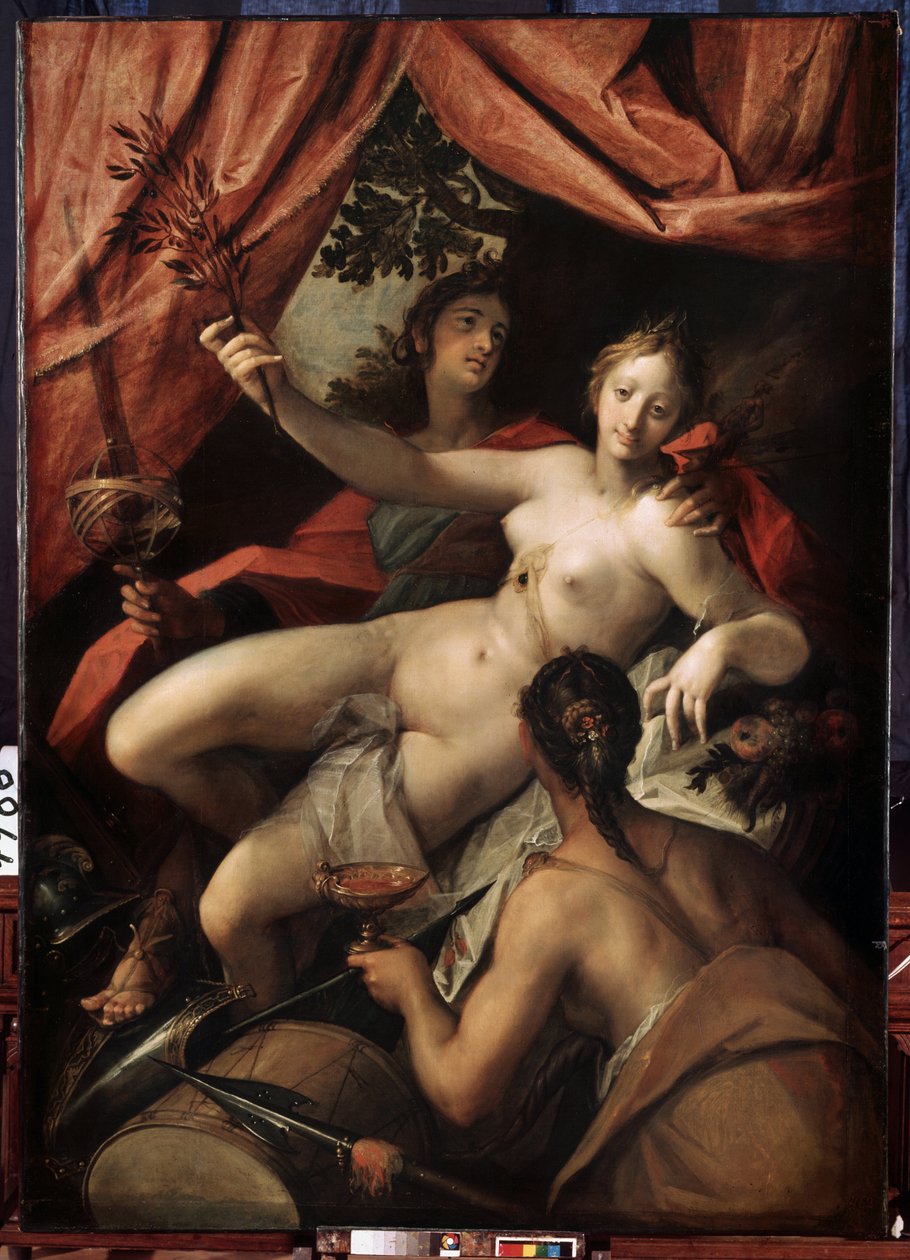 ""Allegory of Peace, Art and Abundance"" (Allegory of Peace, Art and Abundance). På baksiden er kunst og vitenskap symbolisert med en kule og en palett. I midten holder Peace en olivengren. Overflod er representert med en kopp av Johann or Hans von Aachen