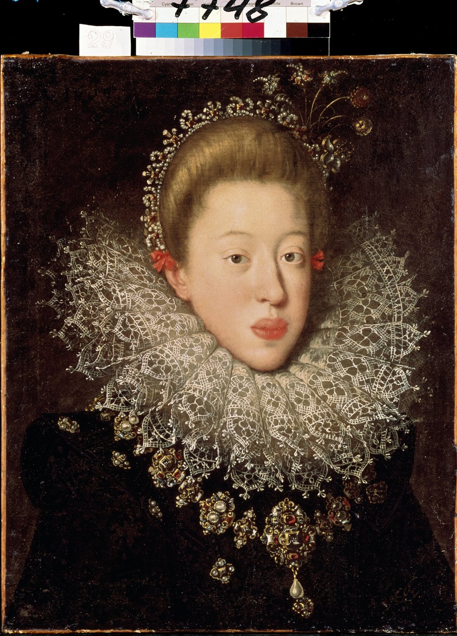 ""Portrett av Anne av Østerrike (1585-1618) (Anne av Habsburg eller av Tyrol), keiserinne av det hellige rike"" Maleri av Hans von Aachen (1552-1615) Lviv tidlig på 1600-tallet, Museum of Fine Arts Arts av Johann or Hans von Aachen