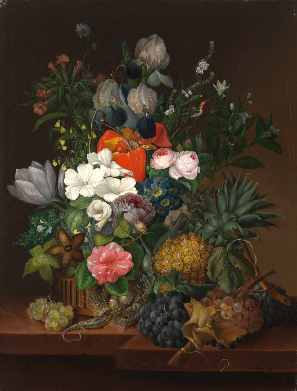 Stilleben med øgle og blomster - Johanna (Jenny) Salm-Reifferscheidt (nee Comtesse Pachtova) (1780-1857). olje på lerret av Johanna Salm Reifferscheidt