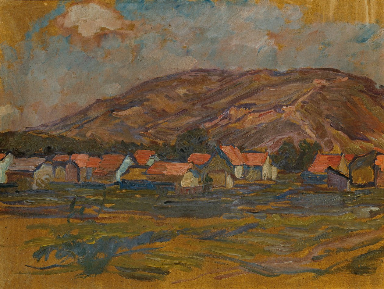 Landskap med hus og fjell av Johanna Kampmann Freund
