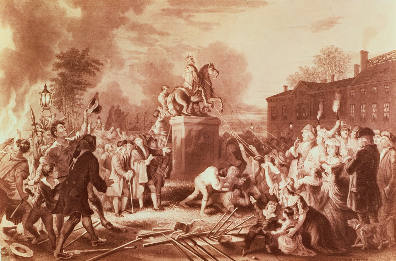 Å trekke ned statuen av George III i Bowling Green i 1776, gravert av John C. McRae av Johannes Adam Simon Oertel