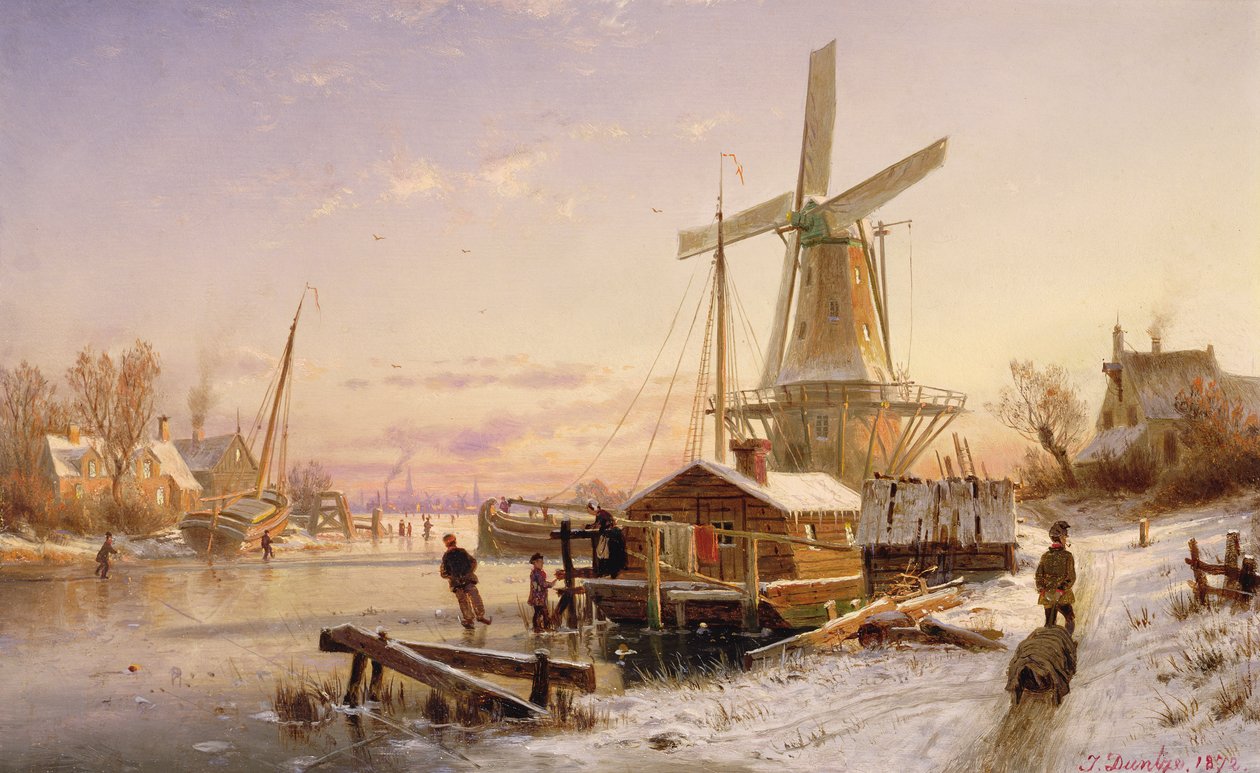 Vinterscene med en vindmølle, 1892 av Johannes Bartolomaus Duntze