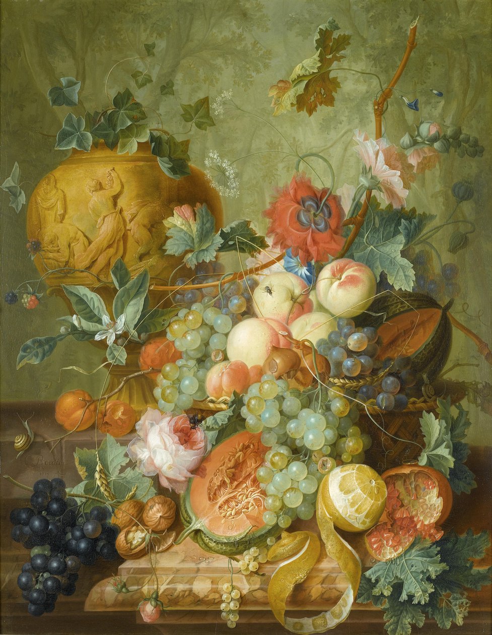 Frukt- og blomsterstilleben av Johannes Christianus Roedig