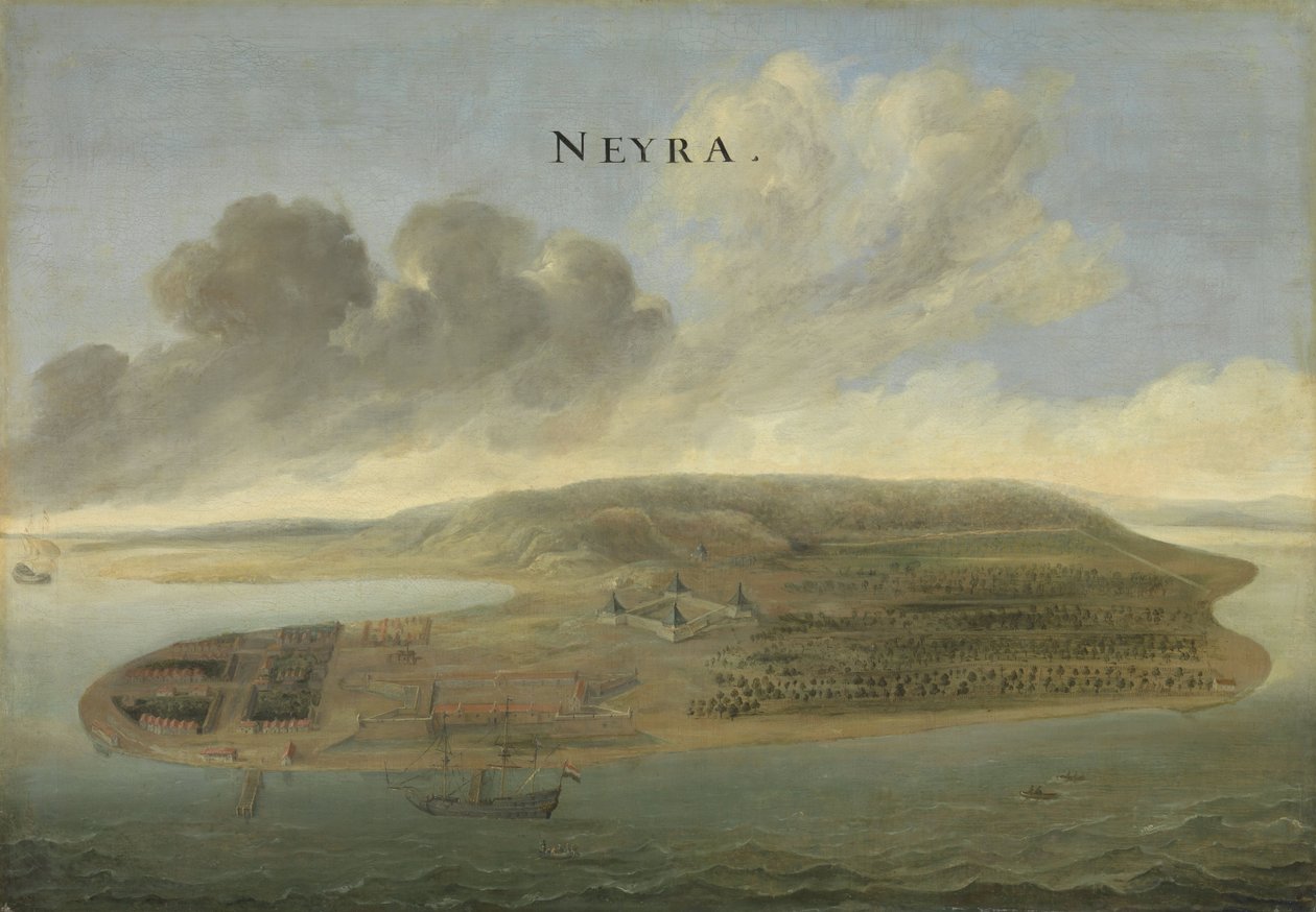 Det nederlandske østindiske kompaniets handelspost i Banda Neira på de sørlige Molukkene, ca. 1662-3 av Johannes Vinckeboons