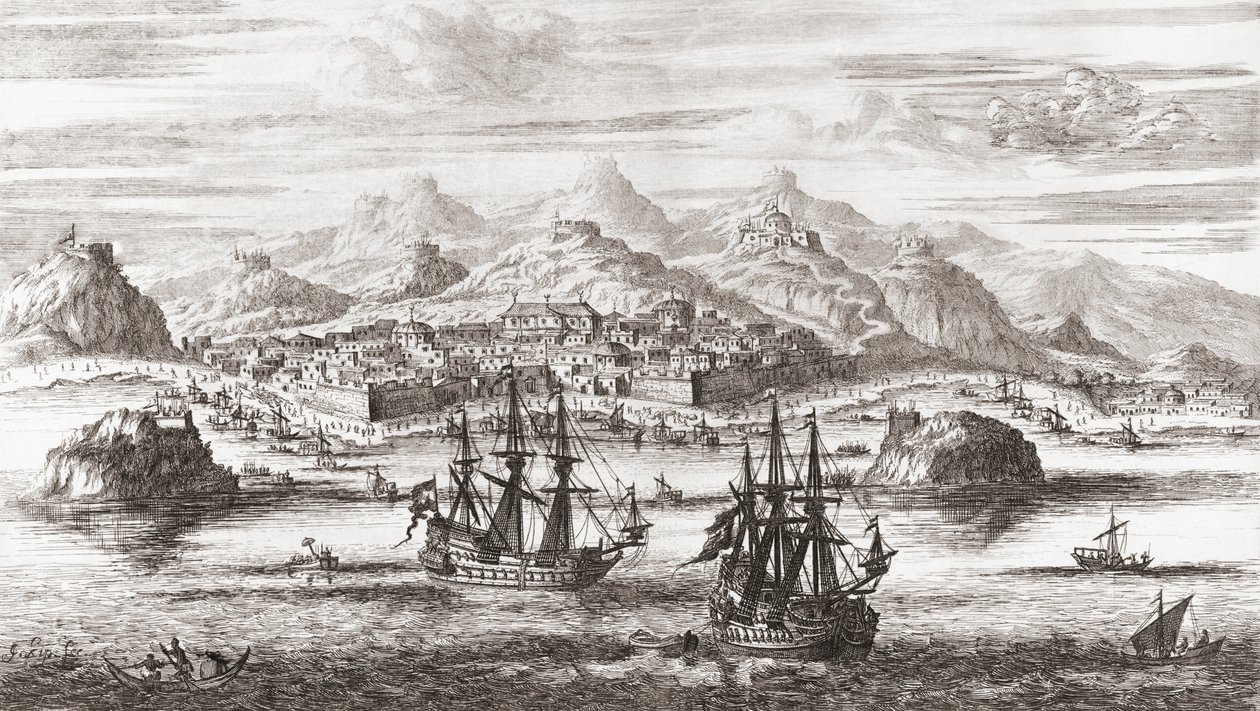 Hollandske skip foran Muscat, Oman på 1600-tallet (trykk) av Johannes (after) Kip