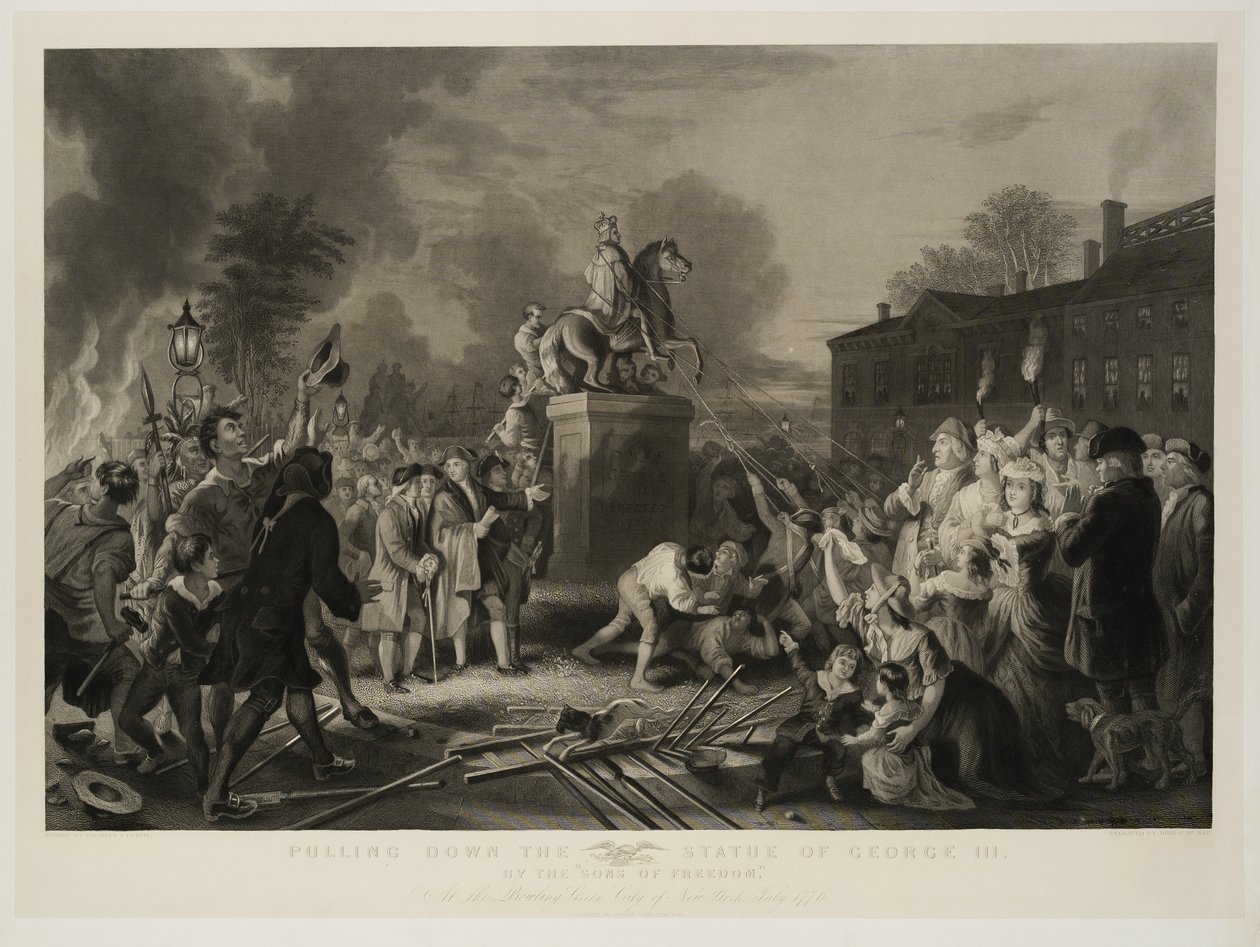 Trekk ned statuen av George III, av frihetens sønner, ved Bowling Green, City of New York, juli 1770, gravert av John C. McRae, etter 1853 av Johannes Adam Simon Oertel