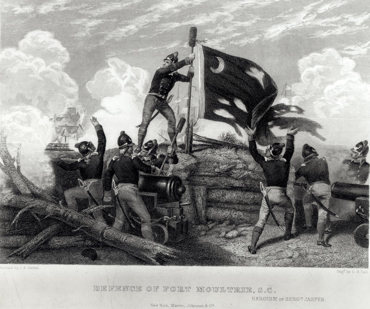 Heroismen til sersjant William Jasper i forsvaret av Fort Moultrie, South Carolina, 12. mai 1780, gravert av G.R. Hall av Johannes Adam Simon Oertel