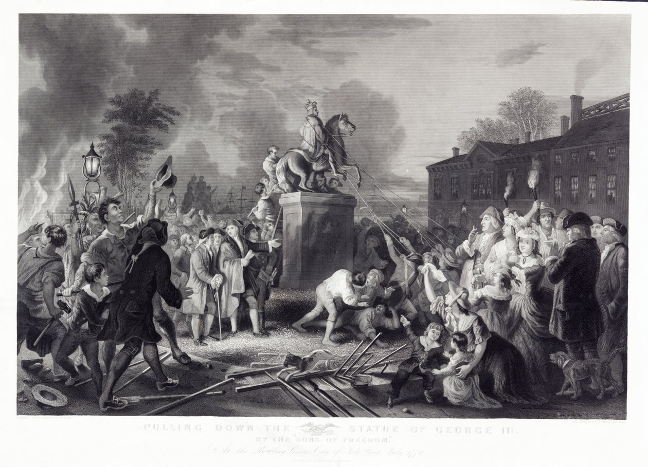 Å trekke ned statuen av George III av Sons of Freedom, på Bowling Green, City of New York, juli 1776, pub. 1875 av Johannes Adam Simon after Oertel