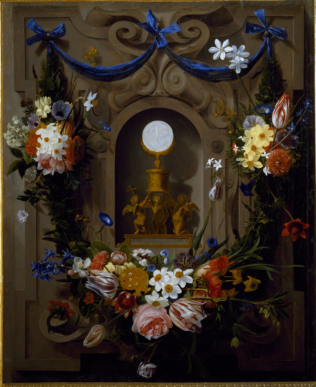 Eukaristi i en blomsterkrans (olje på lerret av Johannes Antonius van der Baren