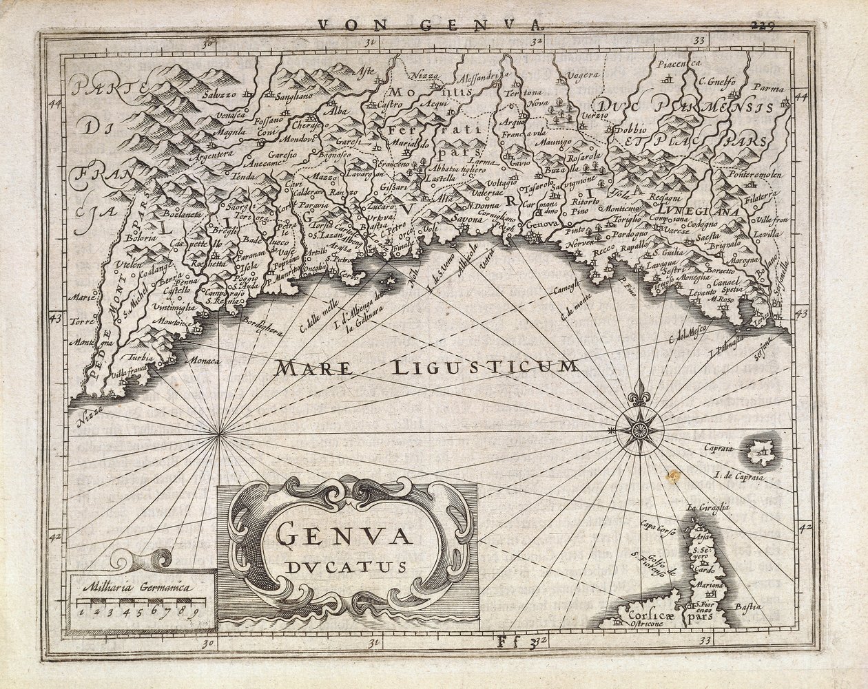 Hertugdømmet Genova, Kart av Jan Baptist Vrients fra tysk atlas, Kobberstikk, halvparten av 1600-tallet av Johannes Baptista Vrints