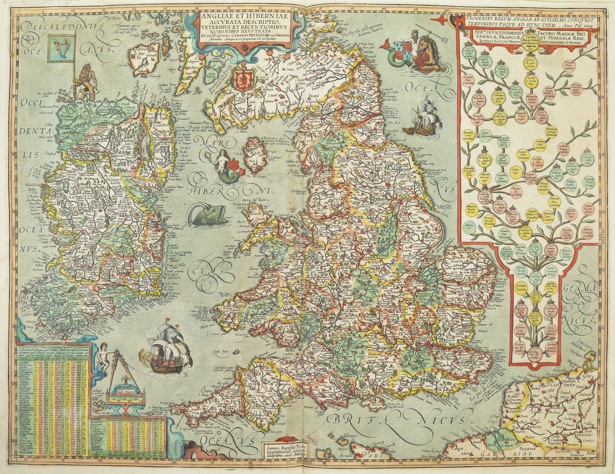 Kart over England og Irland tegnet i 1606 (farget gravering) av Johannes Baptista Vrints
