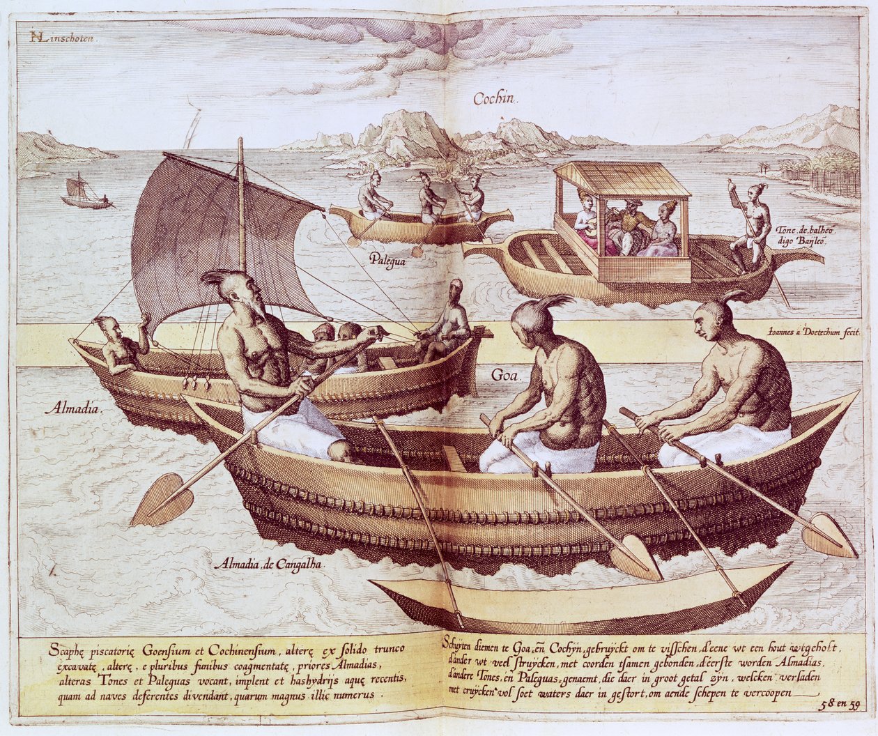 Båter i Goa, illustrasjon fra 'Jan Hughen van Linschoten, His Discourse of Voyages into the East and West Indies', 1579-92 av Johannes Baptista van Doetechum the Younger