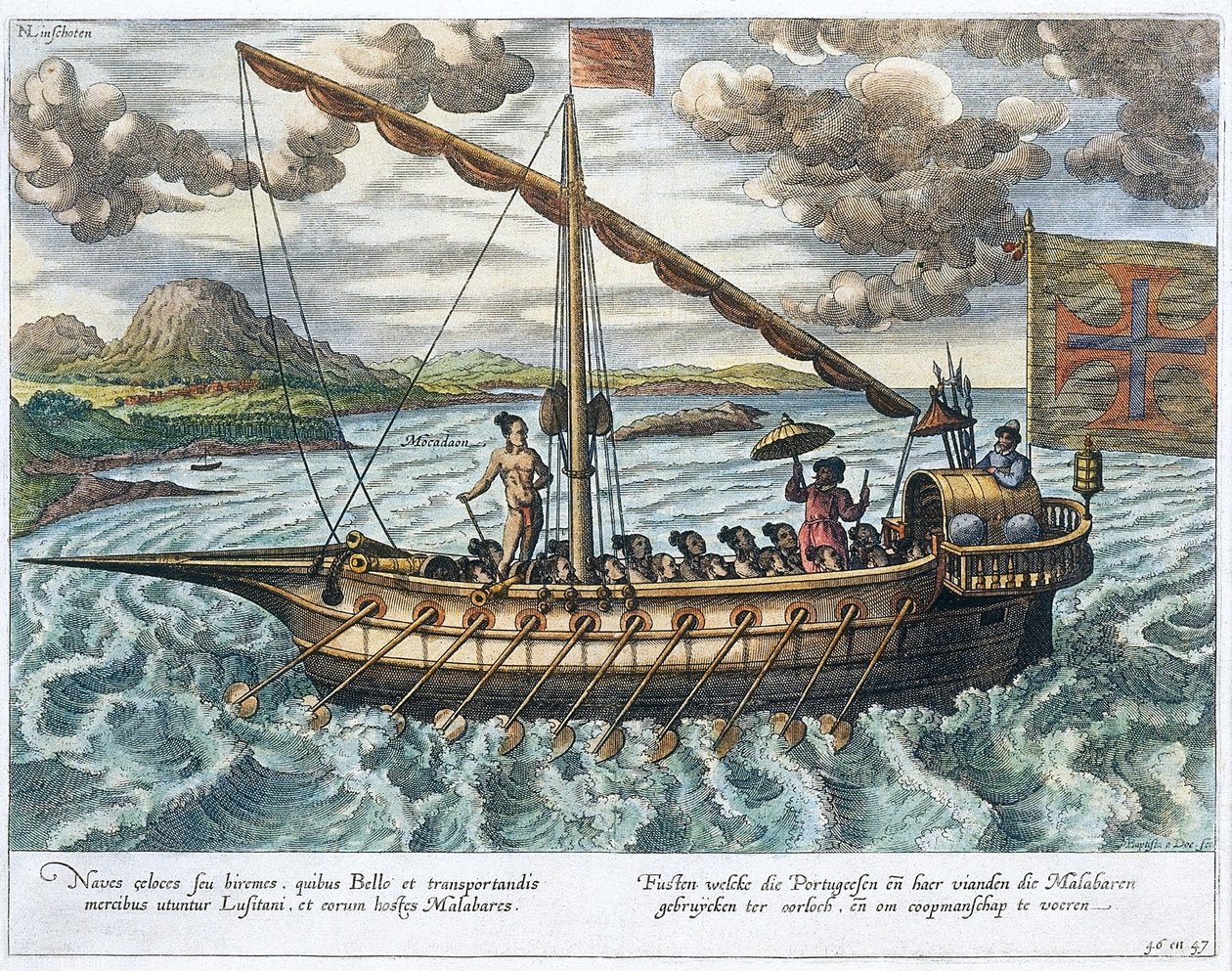 Fusta, illustrasjon fra 'Jan Huyghen van Linschoten, His Discourse of Voyages into the East and West Indies', 1579-92 av Johannes Baptista van Doetechum the Younger