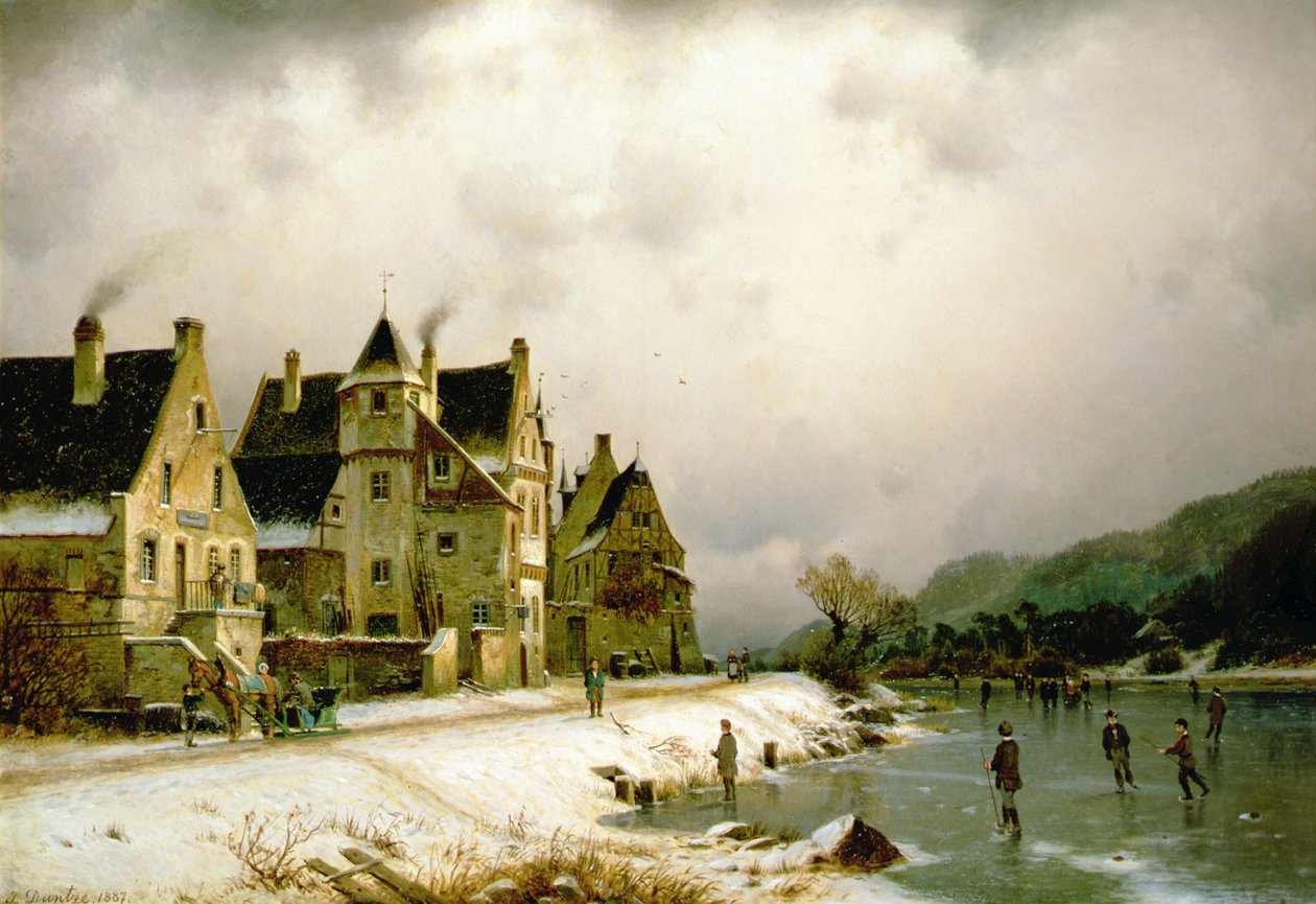 Et vinterelvelandskap med kunstløp på isen ved en landsby (olje på lerret) av Johannes Bartolomaus Duntze