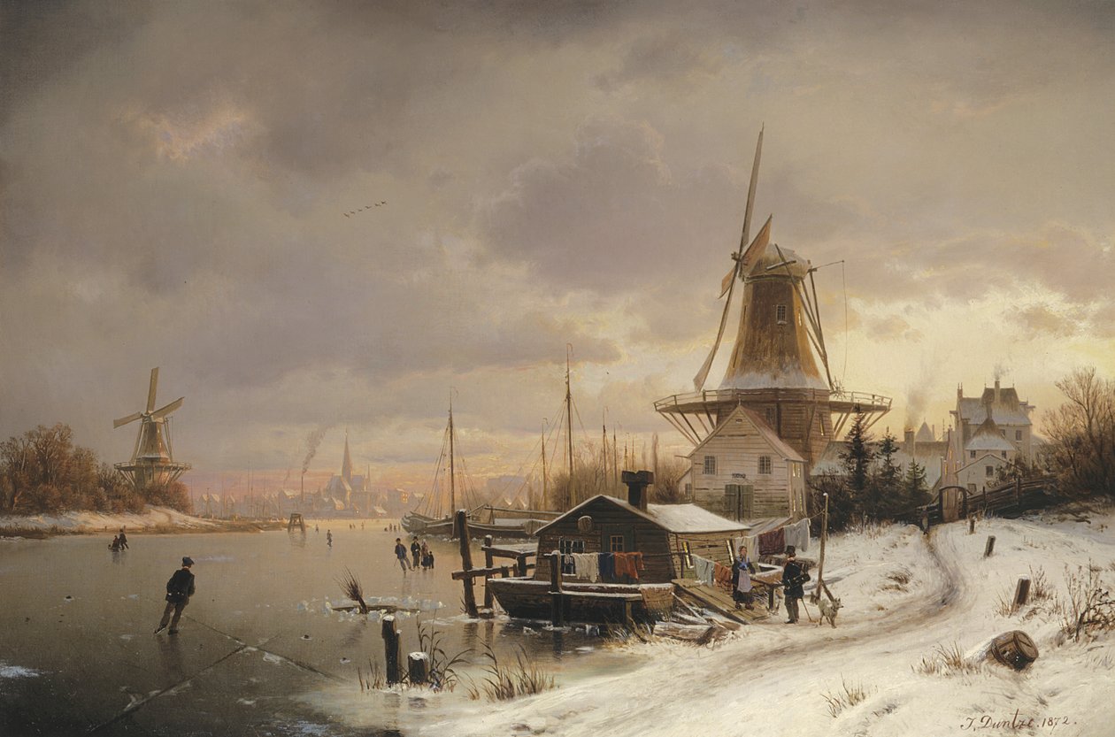 Husbåt på en frossen elv av Johannes Bartolomaus Duntze
