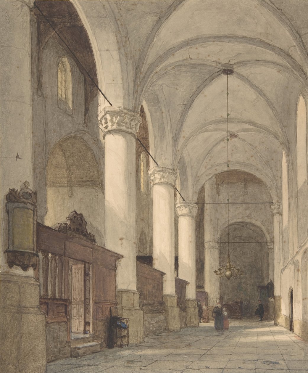 Hvelvet sidegang til en kirke, med figurer, 1800-tallet. av Johannes Bosboom