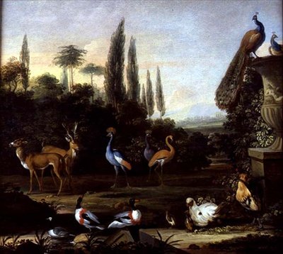 Et parklandskap med hjort og eksotiske fugler, ca. 1710 (olje på lerret) av Johannes Bronckhorst