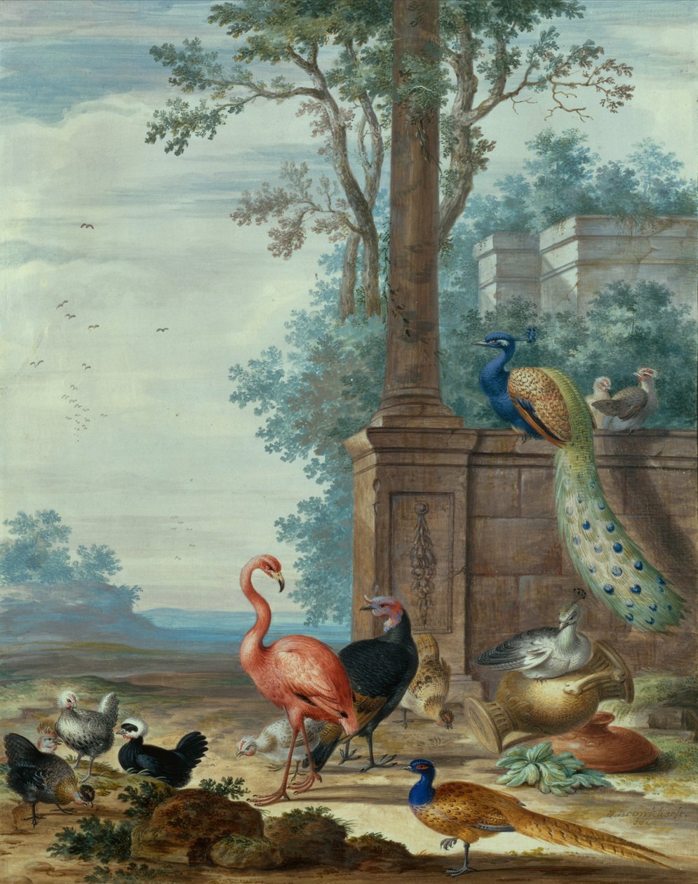 Et italiensk landskap med en påfugl, fasan, flamingo og andre fugler (gouache) av Johannes Bronckhorst