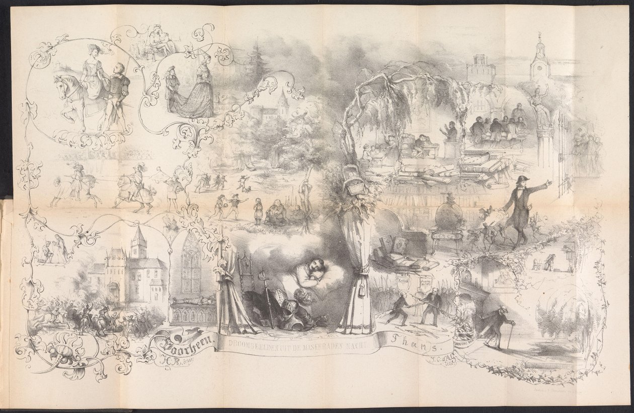 Tegneserie i Leiden studentalmanakk, 1856 Drømmer fra maskeradenatten (tittel på objekt) av Johannes Christiaan d