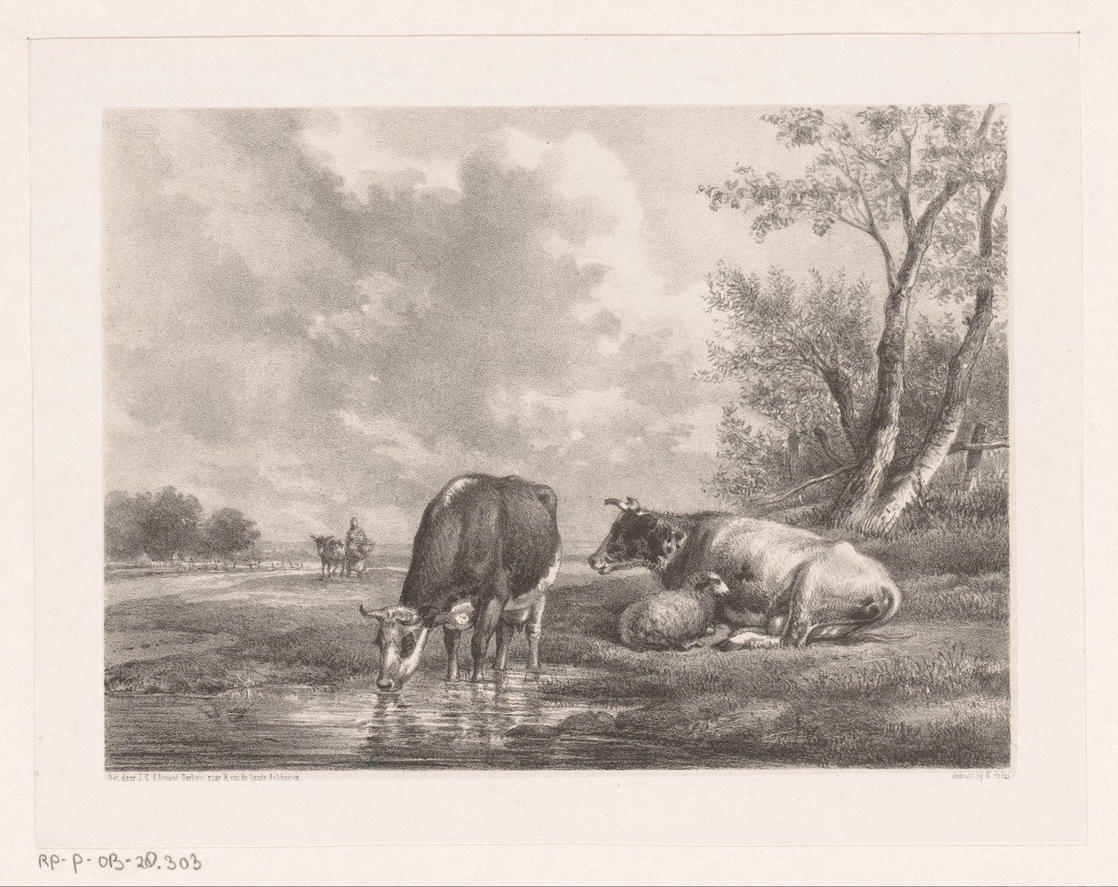 To kyr og sauer ved vannet av Johannes Christiaan d