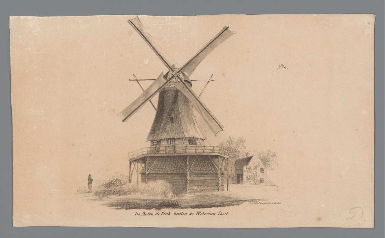 Utsikt over vindmøllen De Vink utenfor Weteringpoort Windmill de Vink utenfor Wetering Poort (tittel på objekt) av Johannes Cornelis van Pappelendam