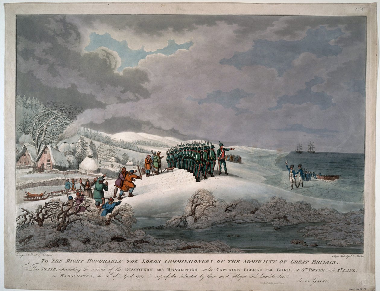 Ankomst av resolusjonen og oppdagelsen på østkysten av Kamchatka under kapteinene Charles Clerke (1740-1779) og John Gore (mort en 1790) - Eckstein, Johannes (1735-1817) - 1779 - Akvatint - 51x65,8 - Privat samling av Johannes Eckstein