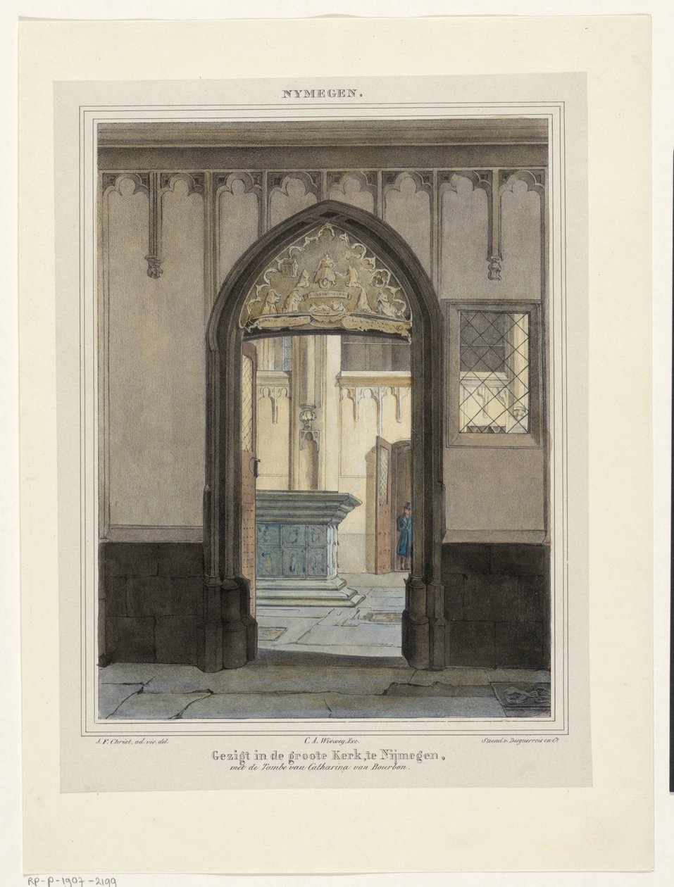 Utsikt over graven i Stevenskerk i Nijmegen Utsikt i Grote Kerk, i Nijmegen, med graven til Katarina av Bourbon. (tittel på objekt) Nymegen. (serietittel på objekt) av Johannes Franciscus Christ