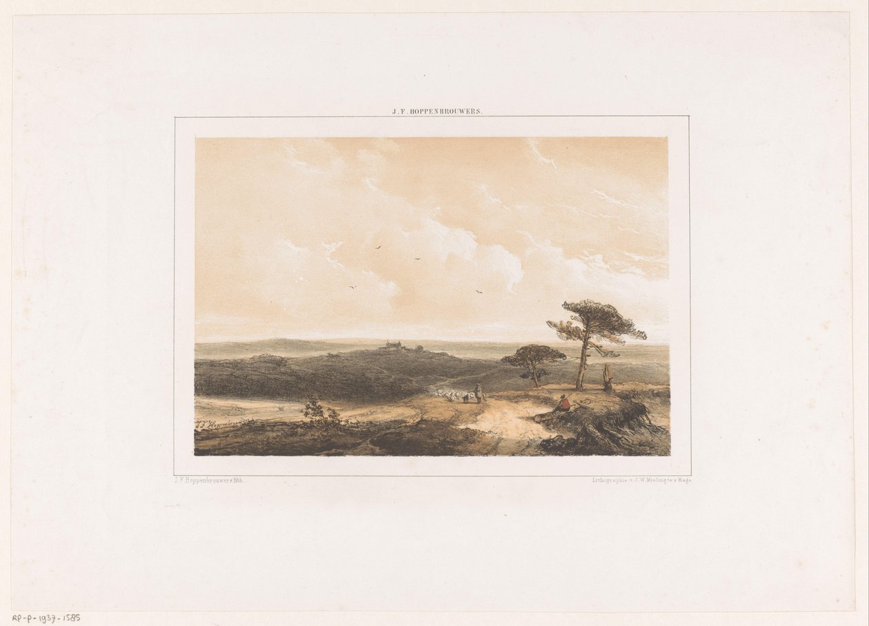 Heilandskap med rastende turgåer og gjeter med flokk av Johannes Franciscus Hoppenbrouwers