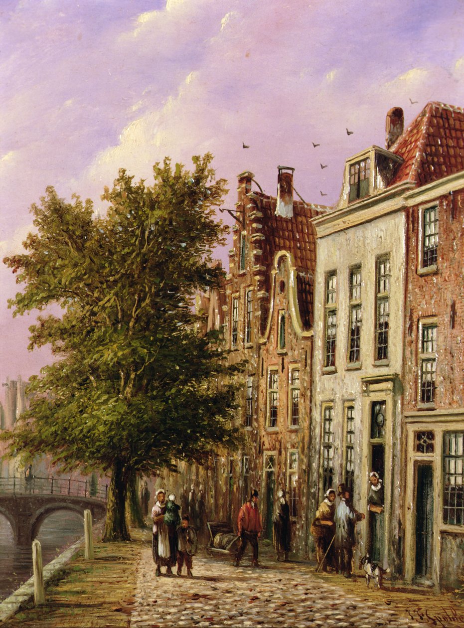 En kanalscene i Tyskland (olje på tre) av Johannes Franciscus Spohler