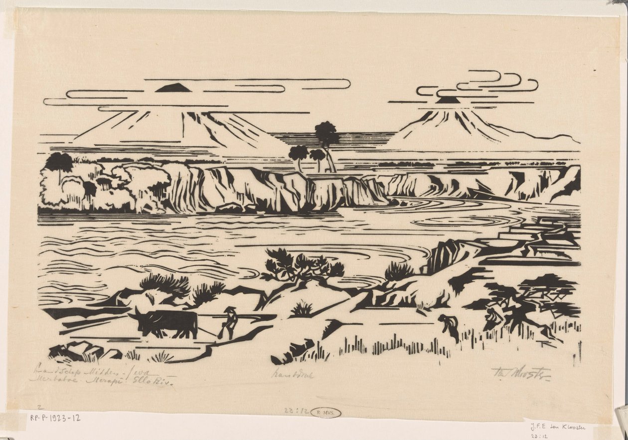 Landskap, Sentral-Java: Merbaboe, Merapi, Ello-elven (originaltittel på objektet) av Johannes Frederik Engelbert ten Klooster (signed by artist)